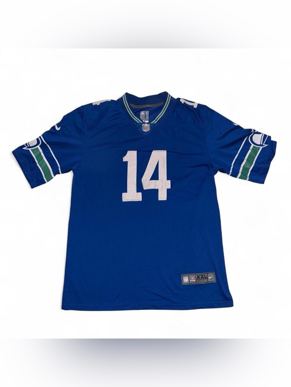 NFL Men’s Royal Blue #14 Football Jersey with Green & White Sleeve Stripes
